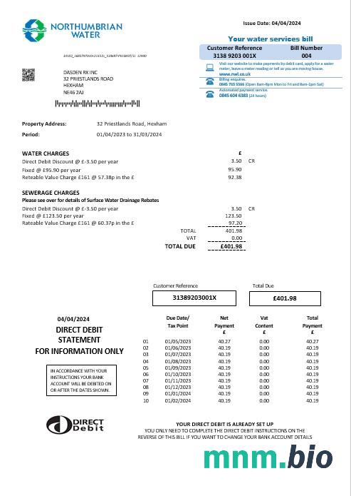 Wielka Brytania Northumbrian Water rachunek za usługi komunalne szablon w formacie Word i PDF, Wersja 2